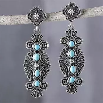 Ретро-фолк-стиль с резными серьгами из бирюзы неправильной формы, длинные серьги из сплава.