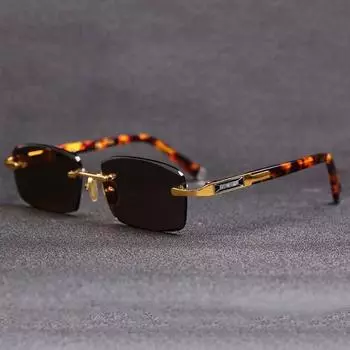 Retro Frameless Men s Sunglasses Green Crystal Stone Leopard Print Cycling Goggles Metal UV Protective Driving Glasses цветной печати леопарда