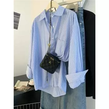 Ретро-французская рубашка в синюю полоску Lazy Wind, женская, весенне-осенняя, дизайнерская, Sense Niche, с длинными рукавами, куртка-рубашка, удобная женская одежда S