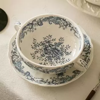 Ретро французские кофейные чашки для домашнего хозяйства, послеобеденный чай, десерт, йогурт, набор чашек и тарелок, изысканные цветочные керамические миски, столовая посуда