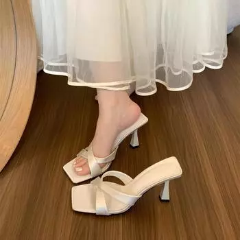 Ретро французские туфли с открытым носком и тонким каблуком, женские летние туфли, вечерние туфли с одним словом на высоком каблуке 35 серебряный