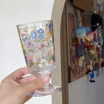 Ретро Французский Романтический Кубок, Стеклянная Десертная Чаша с Весенними Цветами, Нишевая Простая Молочная Чашка, Устойчивость к Высоким Температурам Dishwasher 250ml