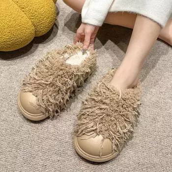 Теплые домашние тапочки с бахромой в стиле ретро, женские удобные повседневные плюшевые тапочки с мягкой подошвой, легкие домашние нескользящие хлопковые тапочки для дома 36-37 бежевый
