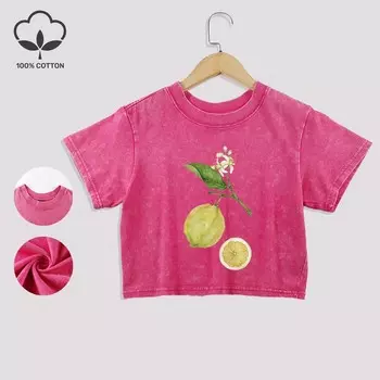 Ретро Футболка из хлопка с принтом лимона, выстиранная, летние кроп-топы с кружевной отделкой по подолу, стандартной посадки, с круглым вырезом, с коротким рукавом, повседневная одежда M