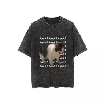 Ретро Футболка с принтом черного кота - Выстиранная футболка с дизайном, повседневный топ с круглым вырезом и короткими рукавами для женщин S