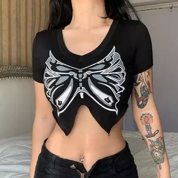 Ретро футболка с V-образным вырезом и принтом бабочки, летняя женская футболка с коротким рукавом, модный укороченный топ, черные топы на бретелях, футболка с графическим рисунком, одежда Y2K S чёрный
