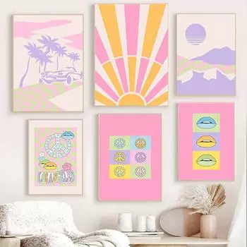 Ретро-галерея губ, настенные принты, модные закатные красочные картины, бохо-розовая эстетика, авангардная картина на холсте для декора комнаты для подростков в общежитии 21x30cm No Framed
