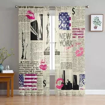 Ретро газета Нью-Йорк занавеска для гостиной прозрачный тюль занавески окна прозрачные для спальни аксессуары декор W135 x H114cm