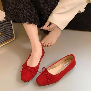 Retro gentle bow ladyshoes flat grandma shoes summer soft-soled women s shoes French evening single shoes ballet shoes 35 красный