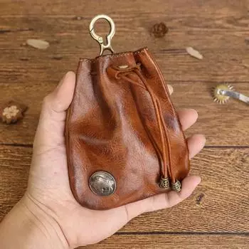 Retro Genuine Leather Bag Coin Purse Drawstring Key Wallets Fashion Women Men Housekeeper Card Key Holders Mini Purse Coin Pouch чёрный