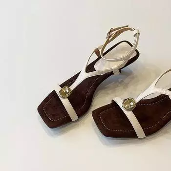 Retro genuine leather outerwear summer Roman shoes fairy style metal one-strap square-toed high-heeled sandals C654 35 белый