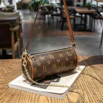 Retro Genuine Leather Underarm Spring and Summer Chain Shoulder round Bag Brown (belt + chain)