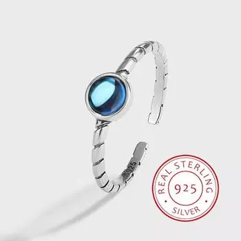 Ретро подлинное стерлинговое серебро S925 круглый лунный камень витой крест геометрический открытый ювелирное кольцо для женщин resizable синий