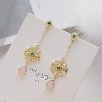 Retro geometric earrings temperament creative hollow circle water drop zircon long earrings 925 silver needle earrings золотой