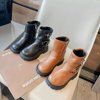 Ботинки для девочек в стиле ретро, модная универсальная обувь для девочек, осенняя новая детская обувь, удобные стильные ботильоны, минималистичные кожаные ботинки принцессы 26insole16.3cm коричневый