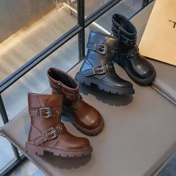 Retro Girls Boots Spring Autumn Children Mid-calf Boots Solid Color Versatile Princess Catwalk Shoes Fashion Kids Causal Boots 26 чёрный