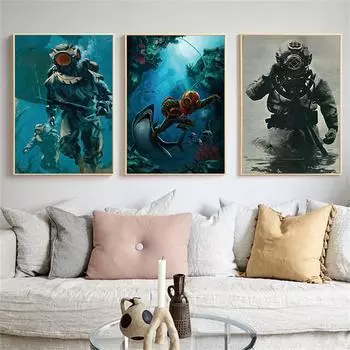 Ретро глубоководные дайверы подводный мир киты настенные художественные принты плакат живопись холст настенные панно для гостиной домашний декор без рамки 21*30cm