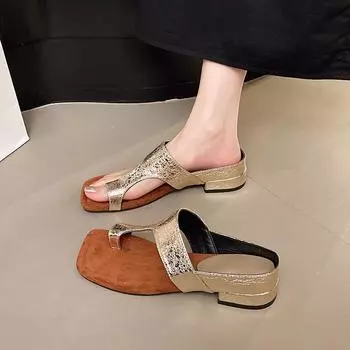Retro going out toe slippers women s summer outer wear square toe golden cool slippers versatile thick heel sandals 35