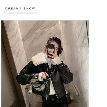 Ретро Гонконгский стиль весна-осень бархатная кожаная куртка черная куртка локомотив женская короткая утолщенная куртка с воротником из ягненка S чёрный