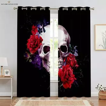 Retro Gothic Floral Skull Print Curtains, Decorative, Suitable for Bedroom, Living Room, Kitchen, Halloween, 2Pcs W50X130H(CM)X2PCS&Grommet Top