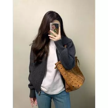 Retro Gray Lapel Knitting Cardigan Outwear Female 2025 Autumn Loose and Lazy Style Double Zipper Turtleneck Outerwear Sweater Grey XL