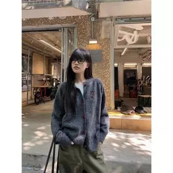 Retro Gray round Neck Long sleeve Knit cardigan Women Early Spring Soft Glutinous Sweater Outerwear Loose Wear Inner wear Top Dark gray M