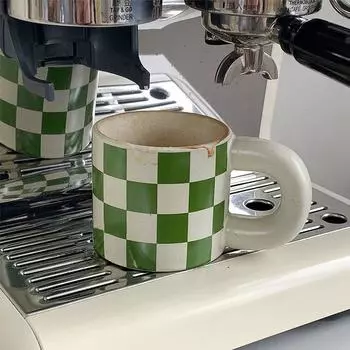 Retro Green Checkerboard Ceramic Mug Fat Cup Pitted Coffee Cup Latte Cup Couple Water Korean Accessories 301-400ml
