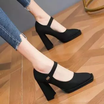 Ретро грубые каблуки для поездок на работу женские элегантные квадратные каблуки мягкие кожаные универсальные рабочие туфли простой стиль для взрослых 34 бежевый