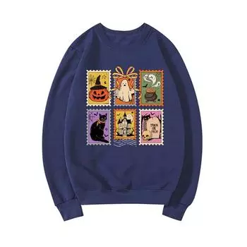 Retro Halloween Cat Ghost Sweatshirt Spooky Season Hoodie Unisex Casual Sweatshirts Pumpkin Halloween Pullover Streetwear Tops S темно-синий