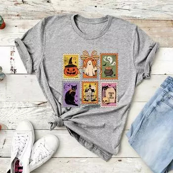 Retro Halloween Cat Ghost T-Shirt Ghost Tee Women s Halloween T-shirt Short Sleeve Spooky Season T Shirt Aesthetic Clothes S серый