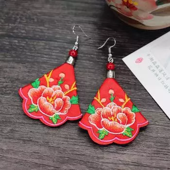 Retro hand-embroidered fabric earrings female long flower fringed versatile temperament performance earrings earrings
