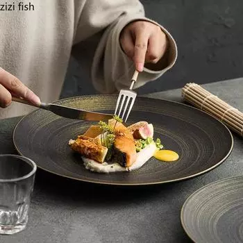 Retro Hand Painted Ceramic Shallow Plate Restaurant Steak Plate Pasta Plate Dessert Dish Molecular Cuisine Specialty Tableware