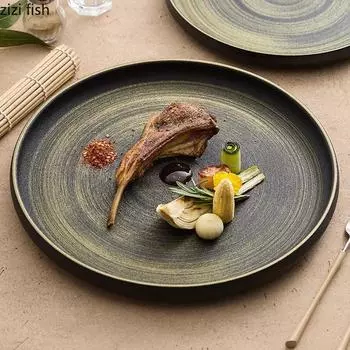 Retro Hand Painted Ceramic Standing Edge Flat Plate Restaurant Steak Plate Pasta Plate Snack Dessert Plates Specialty Tableware