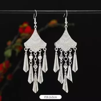 Retro handmade Miao silver fringed earrings femininity Yunnan Miao personality stage versatile long earrings