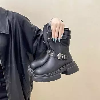 Retro heightening leather boots women s autumn and winter design belt buckle knight boots short boots fashion boots 35