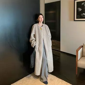Retro high luxury imitation mink hair herringbone pattern super long tall fur integrated jacket artificial environmentally friendly fur winter S