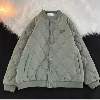 Retro High Street Diamond Lattice Cotton-Padded Coat Men s Clothing Fashion Baseball Cotton-Padded Jacket Autumn and Winter Thickened Outwear 2 Green 5XL(Suggested 100.00 kg-112.50 kg)