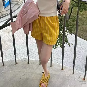 Retro High-waisted Lemon Yellow Striped Casual Shorts for Women In Spring and Summer New Niche Loose Versatile Home Pants S