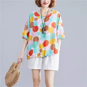 Ретро хлопчатобумажные льняные блузки с принтом женские большие размеры V-образный вырез средняя часть рукава рубашка пуловер весна лето рубашки модный свободный топ M