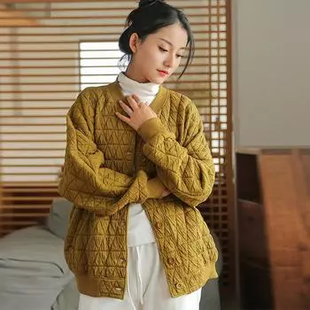 Двусторонняя свободная хлопковая куртка с принтом, женское винтажное стеганое пальто с длинным рукавом, теплое повседневное пальто в стиле ретро M жёлтый