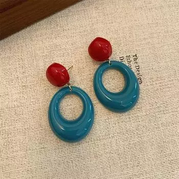 Retro Hong Kong Style Atmosphere Circle Contrast Earrings Female Niche Style Design Sense Earrings 2024 New Arrival Fall and Winter Ear Rings Blue
