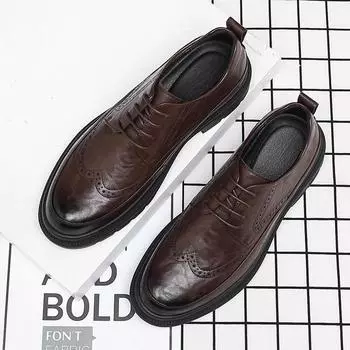 Retro Hong Kong style fashion leather shoes men s business dress hand-scratched trendy men s shoes Korean version of Brock leather shoes 38