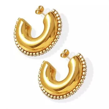 Retro Hong Kong Style Metal C-type Earrings, Smooth Surface Inlaid Zircon Niche Design, Earrings Do Not Fade, Plated with Real Gold Earrings, Women