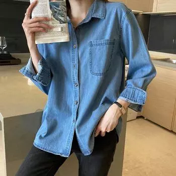 Retro Hong Kong Style Mid-Length Jacket Denim Shirt Dark blue S