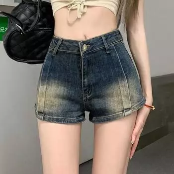 Retro Hot Girl Casual High Waisted Denim Shorts for Women In Summer, Loose and Slimming, Wide Leg Versatile Hot Pants S синий