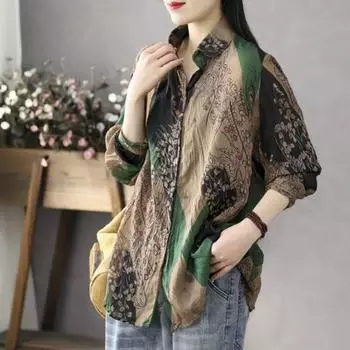 Ретро-художественная хлопковая рубашка для женщин, ретро-стиль Гонконга, свободная мятая рубашка в ленивом стиле, базовая рубашка для женщин, рубашки M зелёный