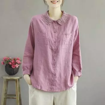 Ретро-художественная повседневная рубашка с кружевным воротником из чистого хлопка с длинными рукавами для женщин на весну, свободный и утягивающий топ M лавандовый