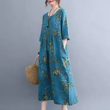 Ретро-художественное платье с круглым вырезом из хлопка и льна с принтом для женщин, летнее, свободное, облегающее, дышащее, длинное платье M