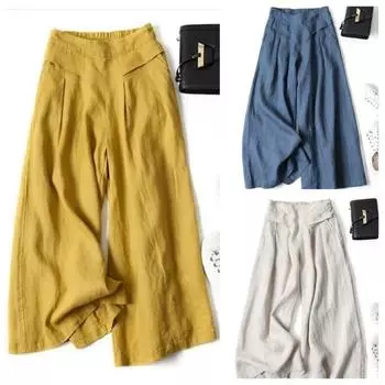 Ретро-художественные летние широкие брюки женские эластичные повседневные брюки из хлопка и льна с высокой талией свободные прямые женские брюки XXL оранжевый