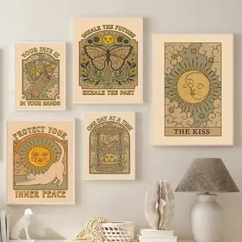 Ретро иллюстрация белый кот художественный настенный постер карты Таро холст картина печать абстрактное гадание бабочка домашний декор для комнаты 21x30cm No Framed